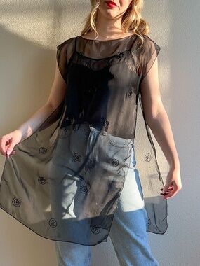 Sheer Vintage 1990s Black Chiffon Overlay With Beading (M)